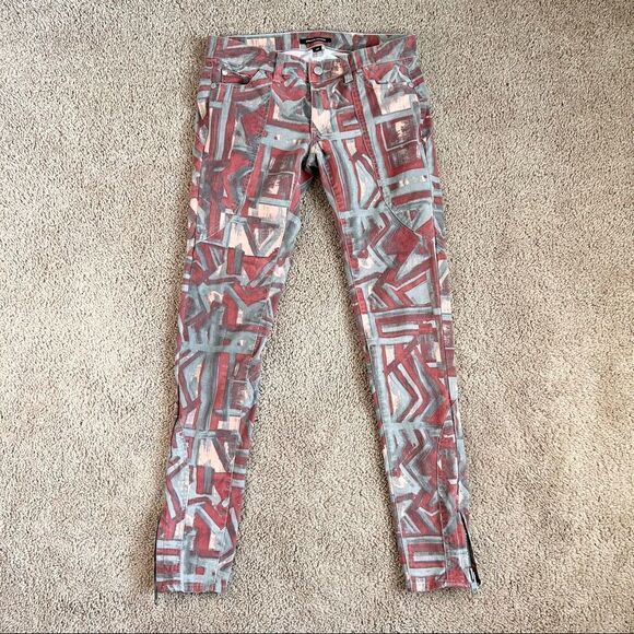 Monika Chiang Geometric Moto Skinny Pants Women's 25 Low Rise Ankle Zip Gray Red - Picture 1 of 7